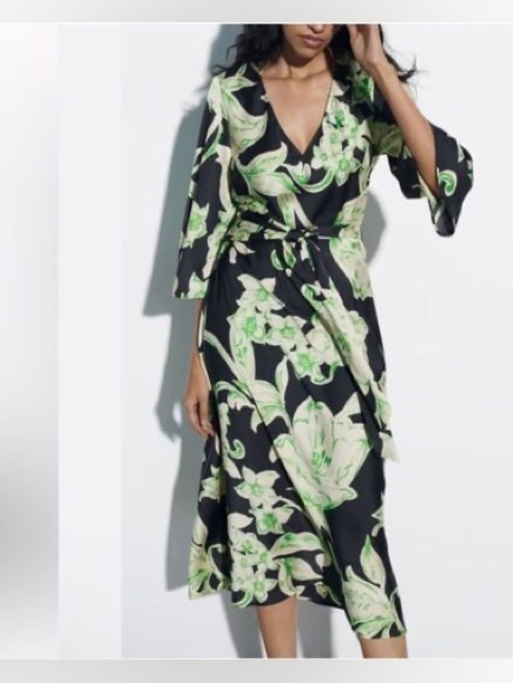 Zara Black Midi Wrap Dress with Green Floral Print